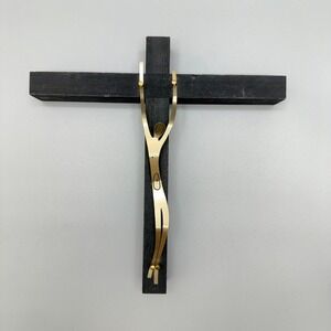 EMAUS TALLERES VTG Black Gold Crucifix Cross MCM Brutalist Wood Metal Signed